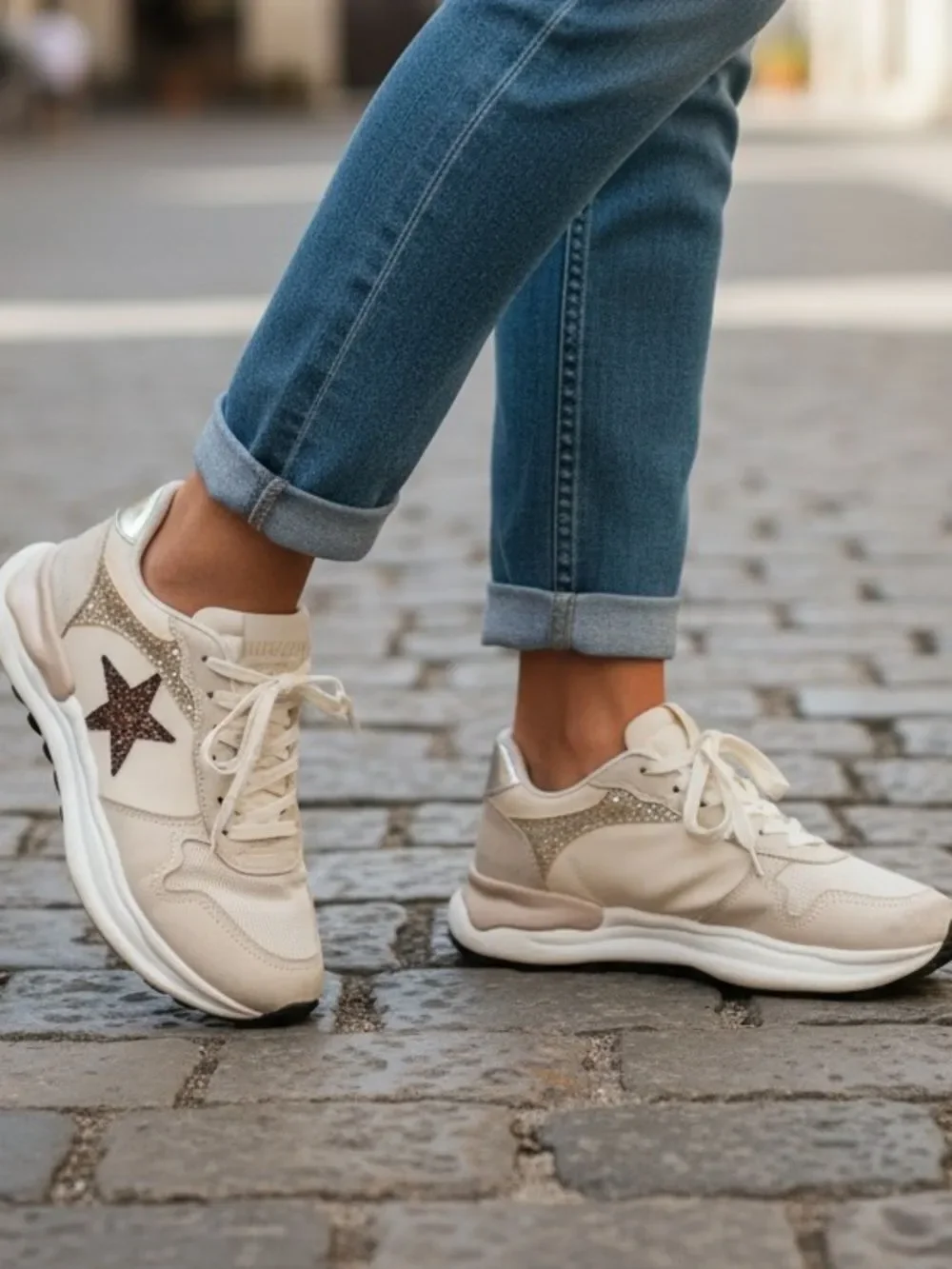 Vintage Havana Cloud Cream & Gold Star Accent Casual Sneakers